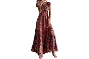 ABYOVRT Robe Maxi D'été pour Femme Bohème Robe de Vacances Col V à Fleur Manches Courtes Robe de Soiree Party Plage