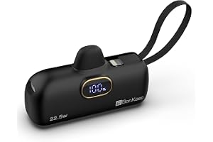 BonKaso 5000mAh Mini Power Bank 22.5W PD Fast Charging, USB-C Type-C Input/Output, Built-in i5 Cable, Digital LED Display, Compact Pocket Portable Charger for iPhone & Android – Black