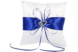 Tyenaza Ringkissen Hochzeit - 20cm × 20cm Blau Seidenband Romantisches Kissen mit Bowknot Doppelten Herzen Dekoration Braut Deko Vintage