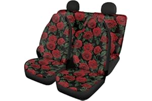 TOADDMOS Red Rose Floral Decorative Car Seat Covers Full Set of 4 Pieces,Front and Split Bench Cover Kit,Auto Interior Accessories Decor Universal Fit for Cars,Trucks,Sedans,SUVs