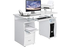 COSTWAY Biurko komputerowe z szufladami, wysuwana półka na klawiaturę, półka na drukarkę i stojak na procesor, biurko z miejscem do przechowywania, stół biurowy, stół roboczy, stół komputerowy do