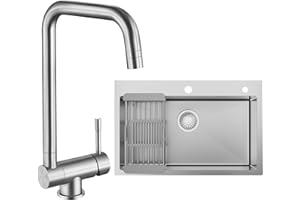 Anycee Lavello Cucina 70×45 cm in Acciaio Inossidabile Spazzolato con Set Rubinetteria Cucina Pieghevole, Rubinetteria Lavello Pieghevole con Gruppo Scarico Per Cucina