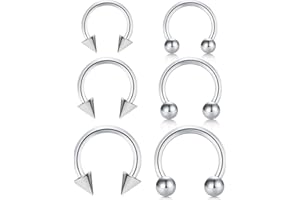 Longita 6PCS 16G Stainless Steel Horseshoe Nose Hoop Rings Eyebrow Lip Ear Rings Tragus Earrings Septum Piercing Ear Helix Cartilage Daith Conch Body Piercing Jewellery Dia 8-12mm