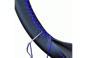 AUTOZOCO Funda para Volante con Agujas E Hilo, Cubierta Volante para Coser para diámetro 37/38 cm, Protector Volante de Coche, Anti Deslizante, Acabado Listo, Diseño Negro con Hilo Azul