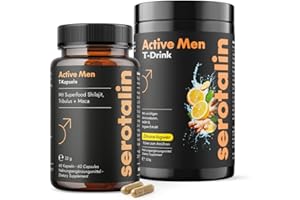 ‎SEROTALIN Serotalin ACTIVE Men Testo All-in-One Bundle für Männer | 60er Kapseln mit Maca & Shilajit + T-Drink mit Kreatin & L-Citrullin | Für Sport & Alltag