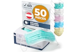 ISC HYGIENE & SAFETY Masques Chirurgicaux ISC H&S, 3 couches, fixations élastiques à l'oreille, lot de 50 masques jetables couleur (vert)
