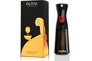 FLAIROSOL OLIVIA - Spruzzatore per olio d'oliva, 200 ml, in vetro, con controllo delle porzioni, erogatore di olio per cucina, friggitrice ad aria, insalata, barbecue (bottiglia nera, stampa dorata)