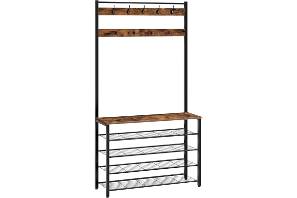 HOOBRO Hallträd, klädhängare med skoställ, 99,6 cm hallträd med bänk, 5-nivåers skoförvaringsorganiserare med 9 krokar för entré, garderob, robust, industriell, rustik brun och svart BF801MT01