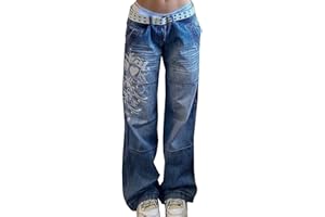 Yokbeer Damen Low Waist Wide Leg Jeans Vintage Print Baggy Hose Y2k Distressed Straight Denim Pants Slim Flare Jean e Girl Streetwear
