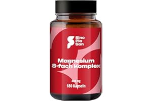 ‎SINOPLASAN GMBH Magnesium 8-fach Komplex 400 mg | 180 Kapseln | 400 mg elementares Magnesium | 8 verschiedene Magnesiumarten | hoch dosiert | Made in Germany | laborgeprüft