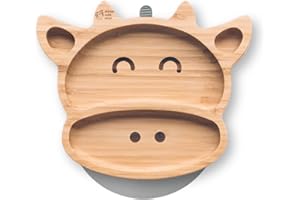 Moon and Moo Cow Bamboo Suction Plate for Kids, Toddlers and Baby Weaning - Non-Toxic – Plastic Free - Stay Put - Baby Suction Plate - Baby Weaning Set