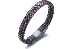 HALUKAKAH ● Jazz Júnior ● Niños Cuero Genuino Trenza Hecha a Mano Negro Mezcla Azul/Rojo/Verde Pulsera 6-12 años. Titanio Cierre Esmerilado Magnético Tamaño Ajustable 18-19.5cm con Caja de Regalo