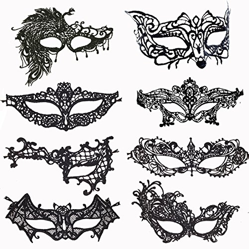 KAKOO 8 Modell Venezianische Maske Damen Spitze Augenmaske Gothic Maskerade Gesichtsmasken für Maskenball Kostüm Karneval Party Schwarz - 6