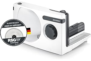 ‎SEVERIN Severin Allesschneider für Brot, Aufschnitt oder Käse, Brotschneidemaschine mit stufenlos einstellbarer Schnittstärke, Aufschnittmaschine mit Fingerschutz, weiß-schwarz, AS 3912