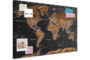 murando - Tableau à Épingles et Peinture sur Toile Combinés 120x80 cm - Avec Crochets Clous et Punaises Argentées - Panneau en Fibres pour Notes et Affichage - Carte du monde k-A-0298-v-a
