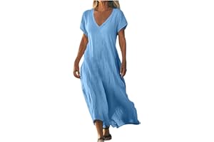 DXANDN Robe Femme en Coton Lin Pas Cher Robe Chic et Elegant Soldes Robes d'été à Manches Courtes à Col en V de Couleur Unie Robes de Plage Fluide Swing Décontractée