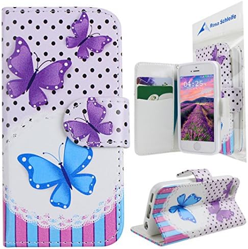 Rosa Schleife® Phone Case for Apple iPhone 5C Wallet Card Slots PU Leather with Soft Frame Flip Protective Cover Support Stands Free Case (Butterfly Polka Dot)