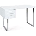 Inter Link Schreibtisch Claude - Weiß Hochglanz, 120x55x76cm, Mit 2 Schubladen & Metallgestell, MDF, Moderner Homeoffice Tisch