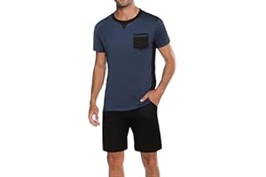 Marvmys Pigiama Uomo Estivi Corto Cotone Pyjamas a Maniche Corte Pigiami Due Pezzi Scollo a V T-Shirt con Tasca Pantaloncini S-3XL