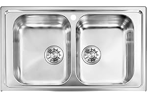 EVHOC Lavello Cucina Sopratop AURA S 2 Vasche, Lavandino Doppia Vasca in Acciaio Inox con Finitura Satinata, Made in Italy, 86x50 cm