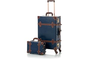 COTRUNKAGE Travel Luggage Sets 2 Pieces, Vintage 4 Wheel Suitcase with Mini Vanity Case, Navy, TSA-Approved, Cabin-12Inch/Medium-24Inch