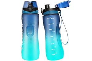 Binudum Butelka na napoje, motywująca butelka na wodę ze znacznikami czasu, sportowa tritan, bez BPA, szczelna, dla młodzieży, dorosłych, na studia fitness (szafirowa, 750 ml)