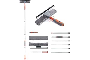 Raclette à Vitre Professionnelle, Kit Nettoyage Vitre avec 2 Chiffons Microfibres et Joint Pliable, Raclette Vitre avec Manche Amovible en Acier Inoxydable Longueur jusqu'à 254 cm pour Vitre Fenêtre