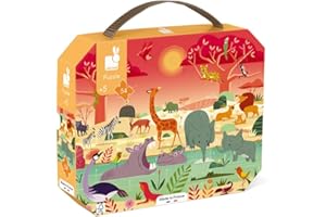 Janod - Puzzle Enfant Réserve Animalière 54 Pièces - Jeu Educatif Motricité Fine et Concentration - Valisette Poignée - Fabriqué en France - Certifié FSC - Encres Végétales - Dès 5 ans, J02650