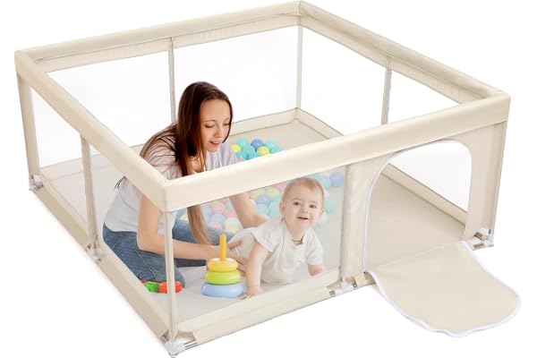 BEJOY Babylekhage 125 cm, kompakt och robust, skumskydd, halkfritt med genomskinligt och andningsbart nät, dragkedja för späd