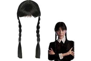 GXLAIHLY Mercredi Adams Perruque avec Frange, Mercredi Perruque pour Enfants Femme, Cosplay Perruque,Perruques Longues Noires Doubles tressées pour Femmes et Filles, Mercredi Perruque