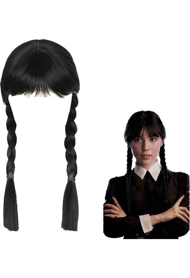 Perruque Mercredi Addams - Longues Tresses Noires Avec Frange - Pour Adulte - Cosplay Halloween Déguisement