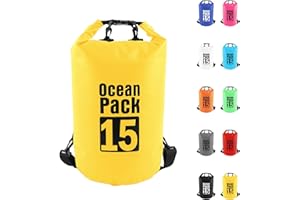 POPOYU Dry Bag 15L, Boat Dry Bags Yellow Waterproof Bag Dry Sack Roll Top Long Adjustable Shoulder Strap 2L/5L/10L/20L/30L/40L for Drifting Boating Kayaking Fishing Rafting Swimming Camping Canoeing Surfing