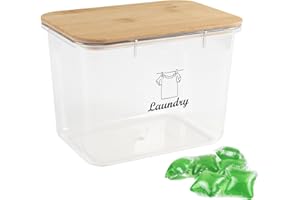 Xbopetda Laundry Pods Storage Container, Laundry Storage Containers with Wooden Lid, Washing Powder Storage for Laundry Room Organisation and Storage, Clear Storage Bins for Laundry Beads Pods Powder