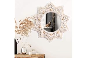 Gokelomg Espejo de pared de macramé boho de 40 cm, redondo, estético, decoración de pared para dormitorio, hogar, dormitorio, salón, pasillo, baño