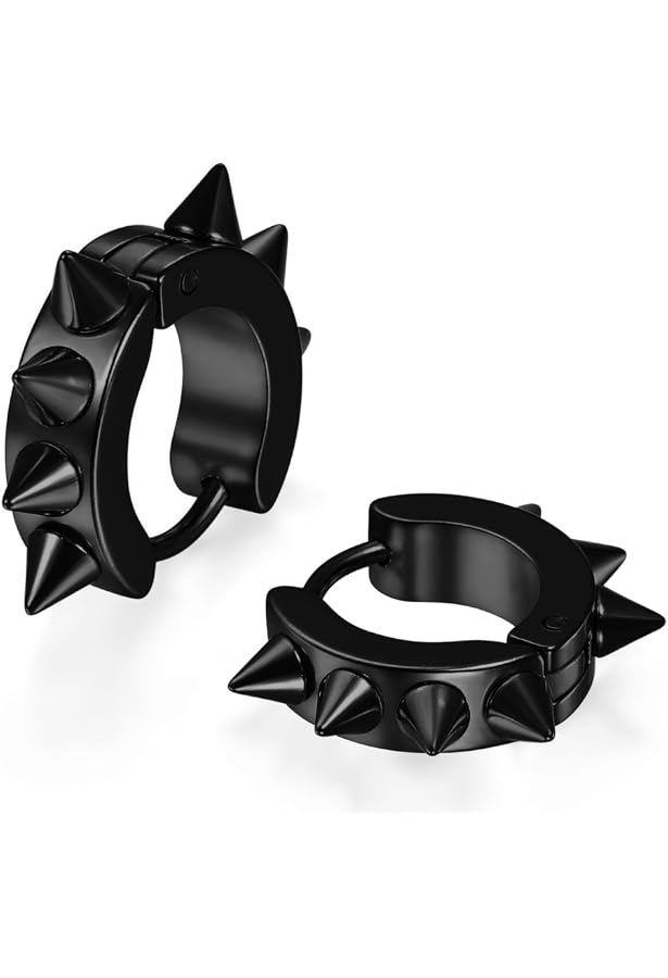 Stainless Steel Creole Earrings - Lace Spike Punk Gothic Biker Style (Silver/Black)