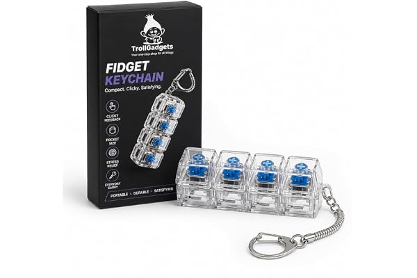 TrollGadgets Fidget Keyboard Keychain with LED Light 4 Button Clicker Mechanical Switch Stress Relief Toy, Anti Nail Biting, Pocket EDC