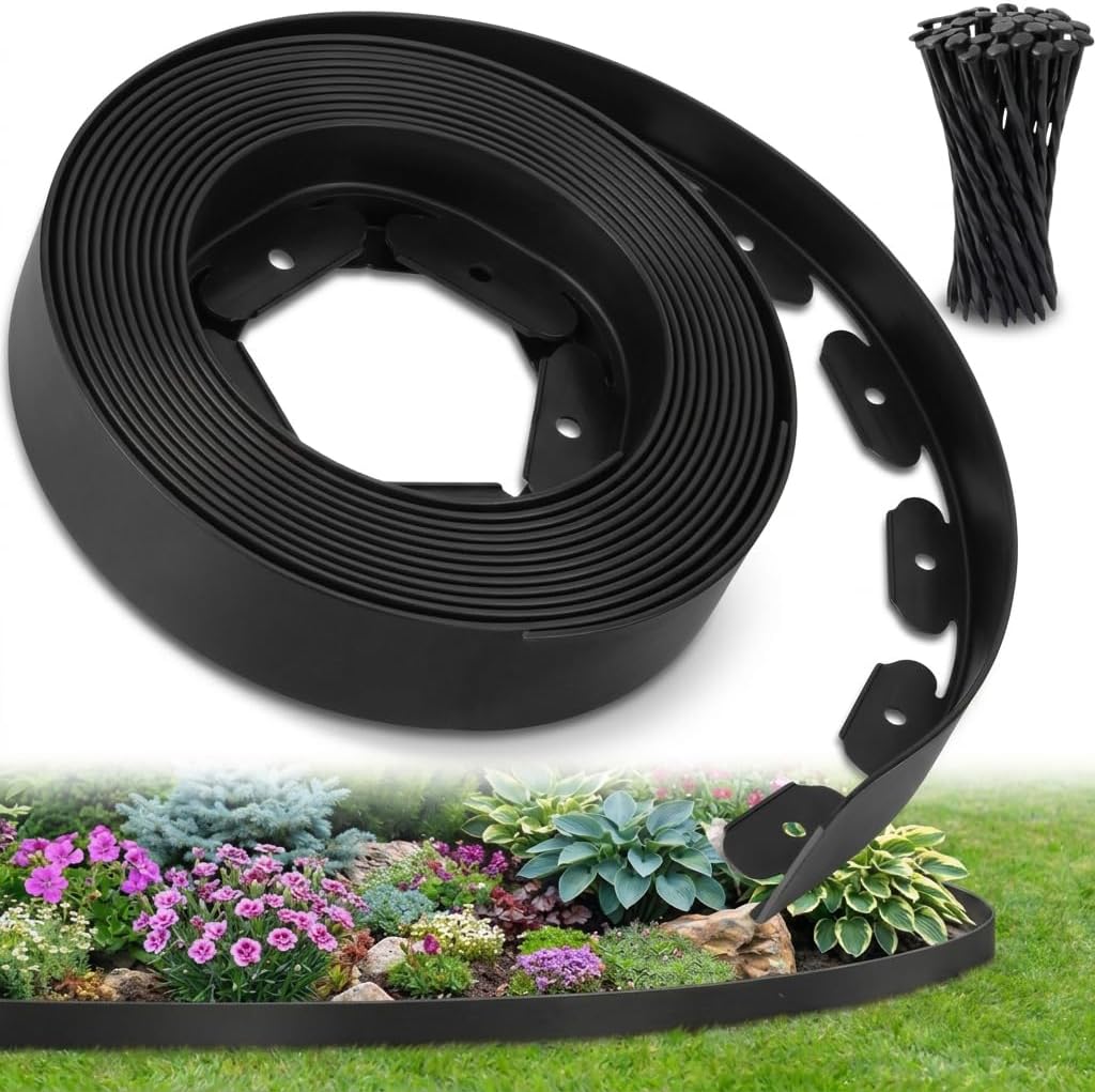 Ediesi, Bordura Jardín Exterior, 10 m, Flexible, Borde plástico Resistente 5 mm, borduras para delimitador césped, Caminos fácil instalación con 30 Piquetas (Negro, 10 Metros)