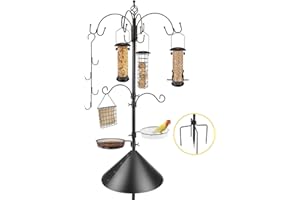 MIXXIDEA Bird Feeder Station Kit, Bird Feeders Pole with 5-Prong Base, Multifunctional Birds Feeders Stand for Outdoors, with Hooks, Feeders, Bath Tray (Set of 5 feeders with squirrel baffle)