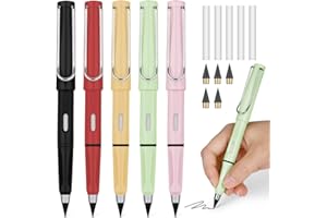 OFFCUP Inkless Pencils, 5pcs Everlasting Pencil, Portable No Ink Pen with 5pcs Replaceable Graphite Nib and White Eraser for Student Artist Writing Drawing or Office (Black/Red/Pink/Yellow/Green)