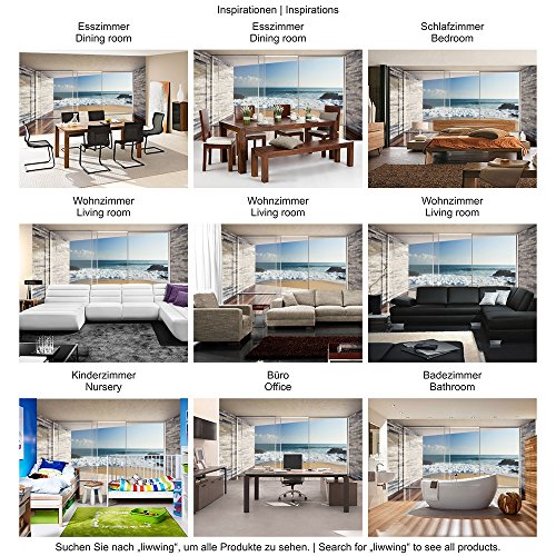 Vlies Fototapete PREMIUM PLUS Wand Foto Tapete Wand Bild Vliestapete – Terrasse Balkon Fenster Steinwand Strand Wellen Meer Himmel Wolken – no. 2429, Größe: 416 x 254cm Vlies - 6