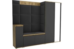 Brent - Garderobenschrank Flur Artisan Eiche Schwarz mit sitzbank 220 cm Breit Luton 8 - Multifunktionale Flurgarderobe Set mit Stauraum und Wandpaneel, Garderobe mit Sitzfläche und Kleiderhaken