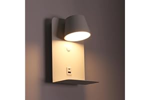 B·LED BARCELONA LED BARCELONA LED - Aplique de Pared BASKOP, Luz LED 6W, Estilo Nórdico – Luz Cálida 2700K, Cabezal Ajustable 350°, Puertos USB y USB-C y Estantería – Lámpara de Lectura para Cabecero Blanco