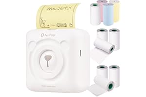 Bisofice A6 Mini Photo Printer, Mini Pocket Thermal Printer Wireless BT Picture Photo Label Memo Receipt Paper Printer AR Photo Function with USB Cable with 9 Rolls Thermal Papers, White