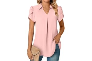 Aodemo Women Summer Dressy Collared V Neck Chiffon Pleated Blouse Short Sleeve Tunic Tops Casual T-Shirts