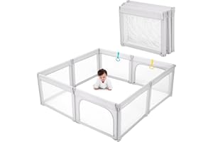 DORA DOTEY Playpen Foldable Playpen for Baby and Toddlers, Adjustable Shape & Size, Playpens with Padded Frame & Mesh Walls, Play Pens for Indoor & Outdoor 150x180cm, Light Grey