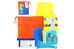 EVAQ8 Car Winter Essentials Pack – De-icer Spray, Ice Scraper, Demister Sponge, Foil Blanket & High-Visibility Vest in Bright Orange Bag