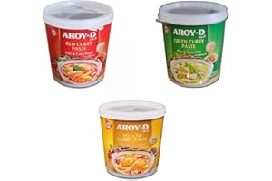 BOEMY Set de Degustación de Pastas Thailandesas de Curry Rojo, Verde y Amarillo Aroy-D 400gr. C/u -Pastas de Curry - Sabor Thailandes