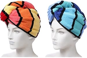Anller Confezione da 2 asciugamani in 100% cotone per capelli, asciugacapelli, con bottone per donne, cappello per capelli asciutti, asciugamano per testa doccia (arancione e blu)