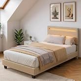 Blishom Single Bed 90 x 200 cm with Adjustable LED Lighting and This, Upholstered Headboard, Sturdy Iron Frame, Space-Saving,