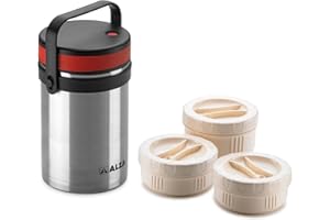 ALZA, S.L. Alza ® Lunch fiambrera, 1500 ml, lonchera termica, fabricada en acero inoxidable, recipiente para comidas, compartimentos extraibles, contiene tuppers individuales sellados, libre de BPA